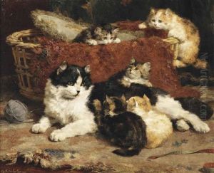 Bonne Mere; A Cat And Her Kittens by Charles van den Eycken