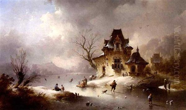 A Winter Landscape With Skaters On A Frozen Waterway - view 1