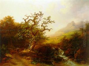 An Extensive Mountainous Landscape With A Peasant On A Sandy Track And Anglers By A Torrent