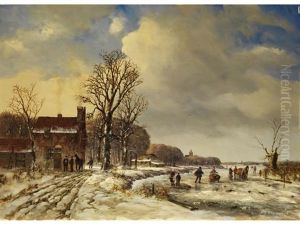 Verschneite Hollandische Landschaft Mit Vereistem Fluss Und Figurenstaffage by Arnoldus Johannes Eymer
