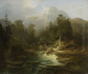 Bewaldete Gebirgslandschaft Mit Einem Wildbach by Christian Friedrich Ezdorf