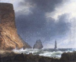Seabirds Off A Rocky Coastline With Stormy Skies by Christian Friedrich Ezdorf