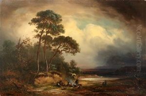 Voralpine Flusslandschaft Mit Kiefern Und Personen Am Lagerfeuer
