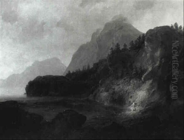 Mountainous Landscape With Figures On A Rocky Bank - view 1