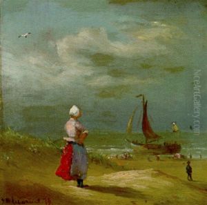 Hollanderin Am Strand Bei Ruckkehr Der Fischerboote by Friedrich Wilhelm Fabarius
