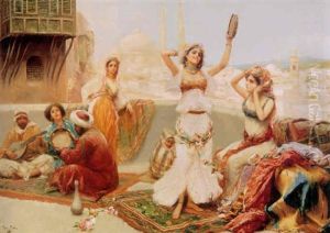 Arab Figures On A Rooftop With A Lady Dancing And A Town Beyond by Fabbio Fabbi