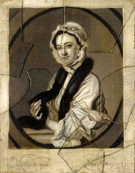 An Engraved Female Portrait After Thomas Hudson Seen Behind Broken Glass - view 1