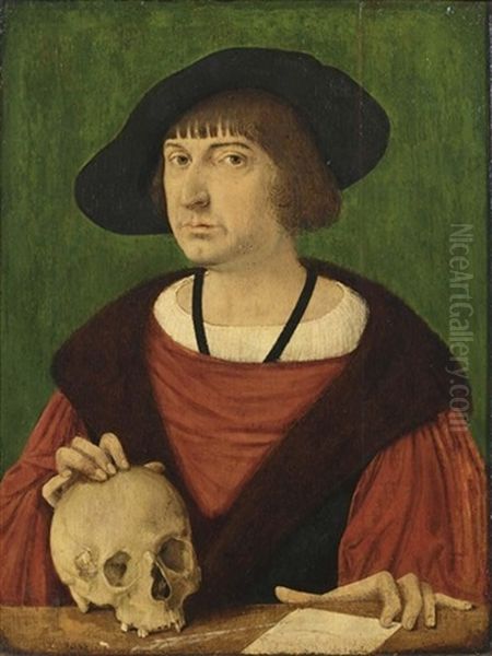A Portrait Of A Gentleman, Bust Length, In A Red Mantle With A Skull And A Letter - view 1