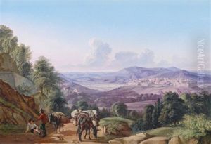 Eine Ansicht Von Orvieto Von Sudwesten Mit Rastenden Reisenden Im Vordergrund