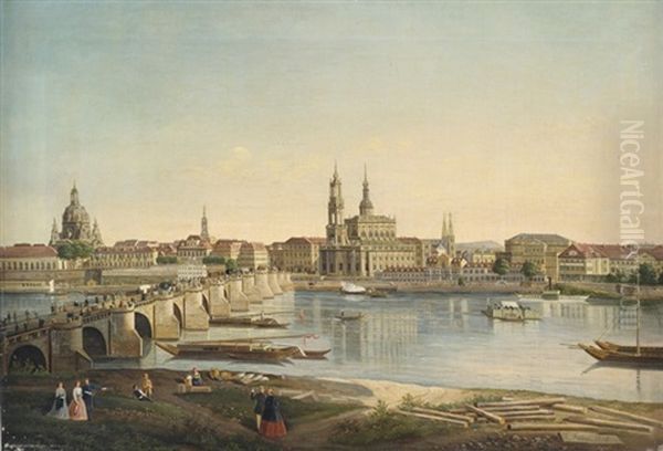 Blick Auf Dresden Vom Rechten Elbufer. Links Uber Der Bruhlschen Terrasse Die Frauenkirche, Davor Die Augustusbrucke, Rechts Davon Die Hofkirche - view 1