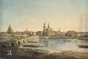 Blick Auf Dresden Vom Rechten Elbufer. Links Uber Der Bruhlschen Terrasse Die Frauenkirche, Davor Die Augustusbrucke, Rechts Davon Die Hofkirche by Karl Gottfried Traugott Faber