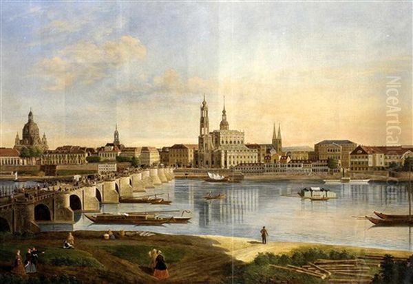 Blick Auf Die Stadt Dresden Vom Rechten Elbufer; Links Im Bild Uber Der Bruhlschen Terrasse Die Kuppel Der Frauenkirche, Davor Die Augustusbrucke, Rechts Davon Die Katholische Hofkirche - view 1