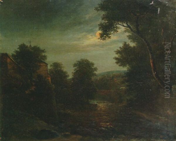 A Moonlit Wooded River Landscape - view 1