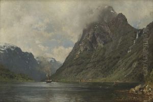 Fjordlandskap Med Dampbat Og Folkeliv by Anders Monsen Askevold