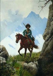 Kosake Zu Pferd In Hochgebirgslandschaft by Stanislaw Poraj Fabijanski