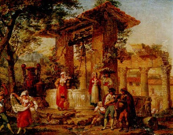 Figures Dancing Beside A Well In An Italian Village - view 1