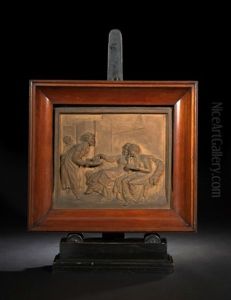Plaque Of A Serving Man Offering Refreshment To Two Seated Ladies-of-fashion by Robrecht Jan Fabri