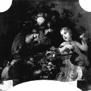 A Dessus-porte Representing A Flower Still Life With A Putto And A Parrot by Willem Adrianus Fabri
