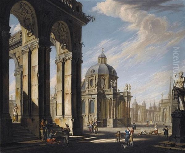 An Architectural Capriccio With Figures Conversing In A Piazza - view 1