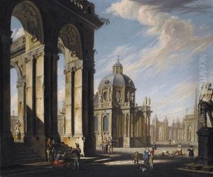 An Architectural Capriccio With Figures Conversing In A Piazza by Jacopo Fabris