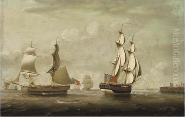 A Naval Brig Heading Into Tynemouth Amidst Other Shipping Off Theentrance To The River - view 1