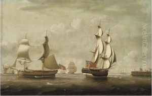 A Naval Brig Heading Into Tynemouth Amidst Other Shipping Off Theentrance To The River by John Askew