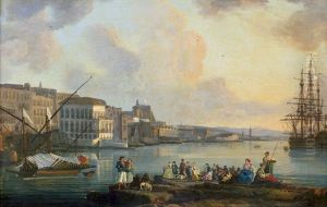 Neapel: Blick Vom Sbarcatoio Di S. Lucia Auf Das Ufer Mit Dem Palazzo Carafa, Dem Castel Nuovo Und Der Lanterna by Pietro Fabris