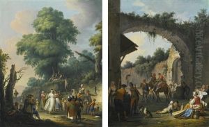 Peasants Dancing And Playing Music Along A Country Road; Peasants Gathered Under A Stone Arch Peasants Dancing And Playing Music Along A Country Road; Peasants Gathered Under A Stone Arch