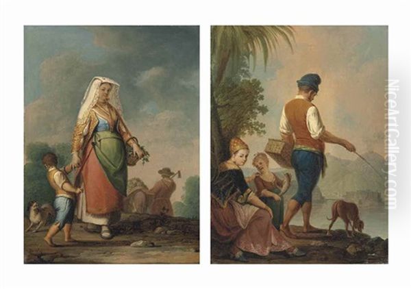 A Mother And Child In Neapolitan Dress Gathering Vegetables, A Farmer Harvesting Beyond; And A Family In Traditional Neapolitan Dress Fishing Beside A River, A Mountainous Landscape Beyond (pair) - view 1