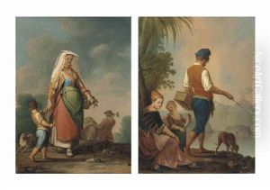 A Mother And Child In Neapolitan Dress Gathering Vegetables, A Farmer Harvesting Beyond; And A Family In Traditional Neapolitan Dress Fishing Beside A River, A Mountainous Landscape Beyond (pair)