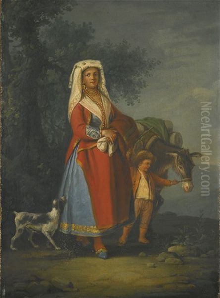 A Lady In The Traditional Dress Of The Island Of Ischia Together With A Boy Holding A Donkey In A Landscape - view 1