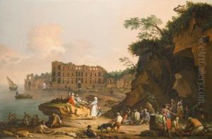 Naples, A View Of Mergellina And The Palazzo Donn'anna Beyond, With Fishermen Drawing Their Catch, Peasants Grilling Fish And Other Figures Conversing by Pietro Fabris