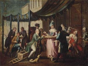 Elegantly-dressed Men Seated Below An Awning, With An Usherette And Other Figures by Pietro Fabris