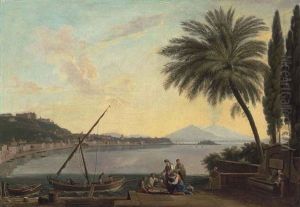 A View Of The Bay Of Naples From The Strada Di Posillipo, Looking East, With The Riviera Di Chiaia And Fishermen Selling Their Catch By A Palm Tree...