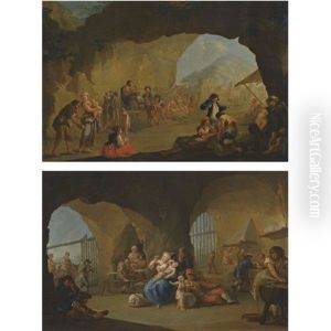 Peasents Dancing In A Grotto (+ An Interior With Domestic Activities; Pair) by Pietro Fabris