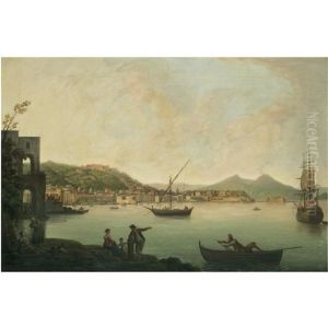 A View Of The Bay Of Naples From Posillipo With Figures On The Shore In The Foreground And Mount Vesuvius In The Distance Beyond by Pietro Fabris