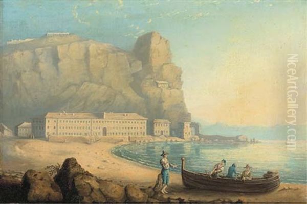 A Mediterranean Coastal Landscape With Fishermen On A Beach - view 1