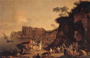A Mediterranean Port Scene With Fishermen Drawing Their Catch, Peasants Grilling Fish And Other Figures Talking Amongst Themselves by Pietro Fabris