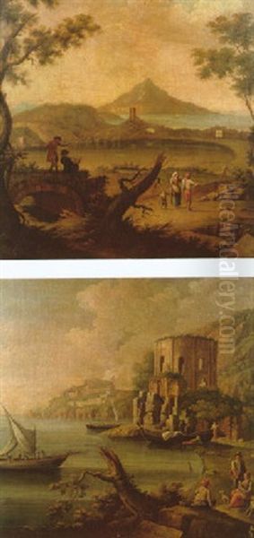 A Mountainous Landscape With Countryfolk Conversing Near A Coast - view 1