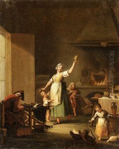 A Woman Spinning Wool, A Man Mending Shoes And A Young Girl Feeding Chickens In A Kitchen by Pietro Fabris