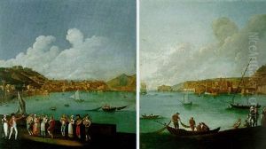 Naples, A View Of The Bay From Mergellina With Figures Dancing, Mount Vesuvius Beyond