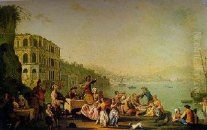 Naples, A View Of The Bay Of Naples With Mount Vesuvius In The Distance And Figures Making Music In Foreground by Pietro Fabris