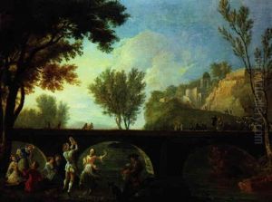 Ein Dudelsackpfeifer Und Eine Frohliche Tanzgesellchaft Am Flusufer Bei Einer Steinernen Bogenbrbrucke by Pietro Fabris