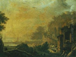 A Landcape With Figures Among Ruins And A Harbour Beyond by Pietro Fabris