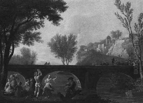 An Italianate River Landscape With A Procession On A Bridge And Couples Dancing And Merrymaking In The Foreground - view 1