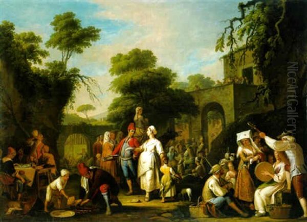 A Tarantella With Villagers Feasting And Making Music By A Villa - view 1