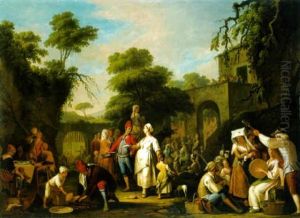 A Tarantella With Villagers Feasting And Making Music By A Villa by Pietro Fabris