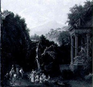 A Mountainous River Landscape With A Hunting Party Greeting Washerwoman And Their Children At A Roadside