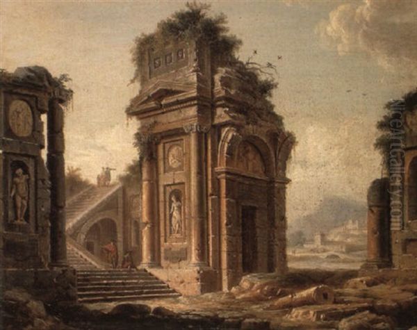 A Capriccio Of Classical Ruins With Figures Conversing On A Staircase - view 1