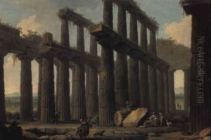 The Temple Of Hera At Paestum With A Peasant Woman And Her Child by Pietro Fabris